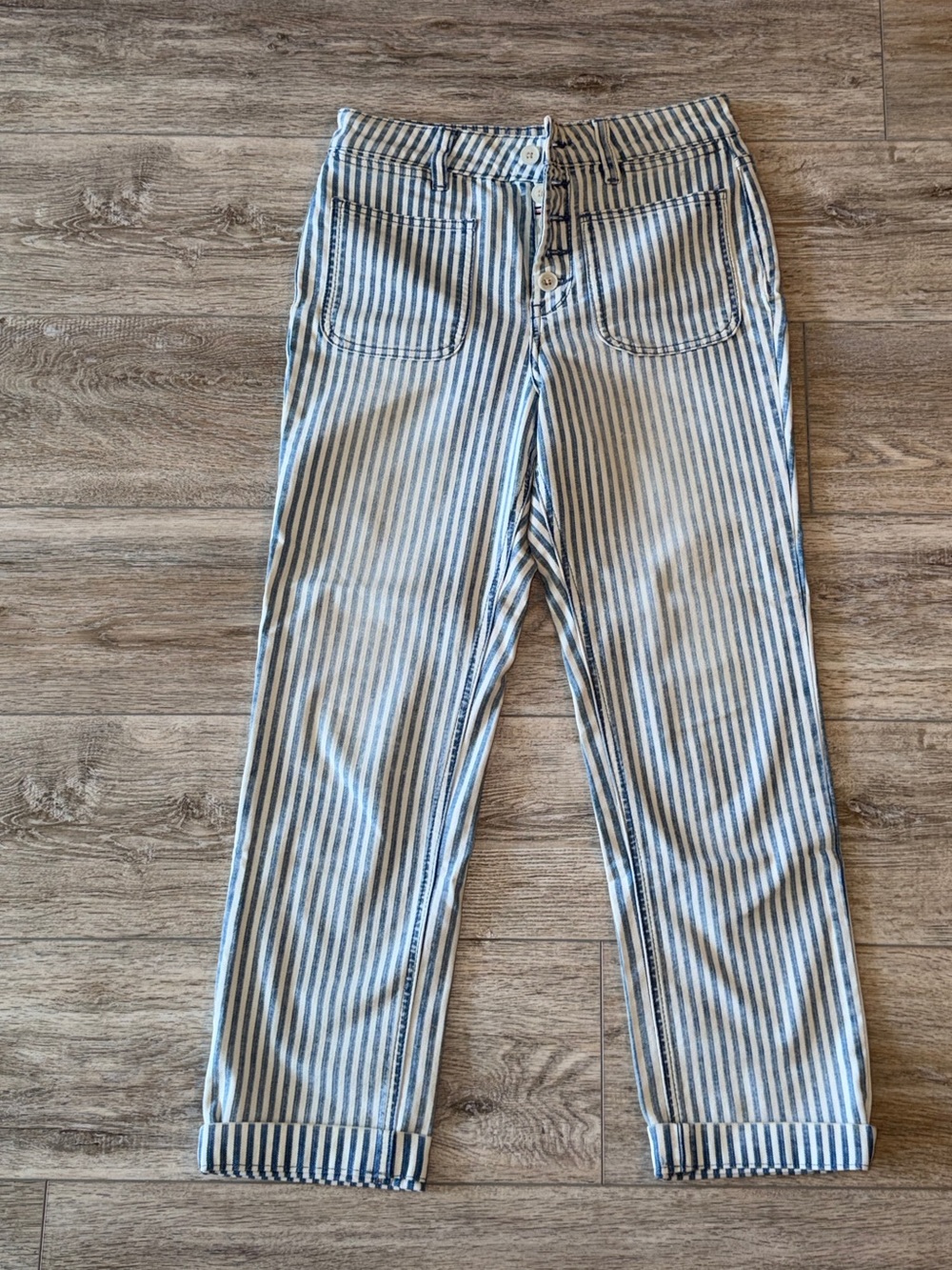 Anthropologie Navy and White Vertical-Striped Straight-Leg Pants